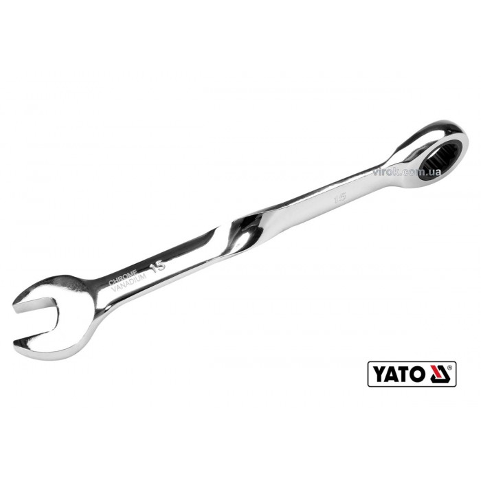 Ключ ріжково-накидний, кручений 90° з тріщаткою YATO : М= 15 x 201 мм, HRC 40-45, Cr-V [25/100]