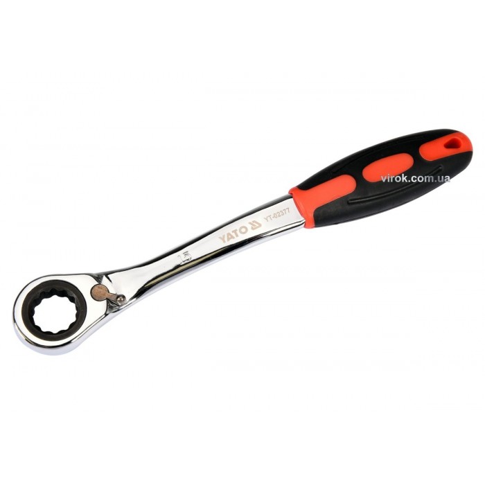 Ключ накидний, вигнутий з тріщаткою YATO: М15, HRC 42-48, Cr-V, з прогумов. ергономічною ручкою [10]