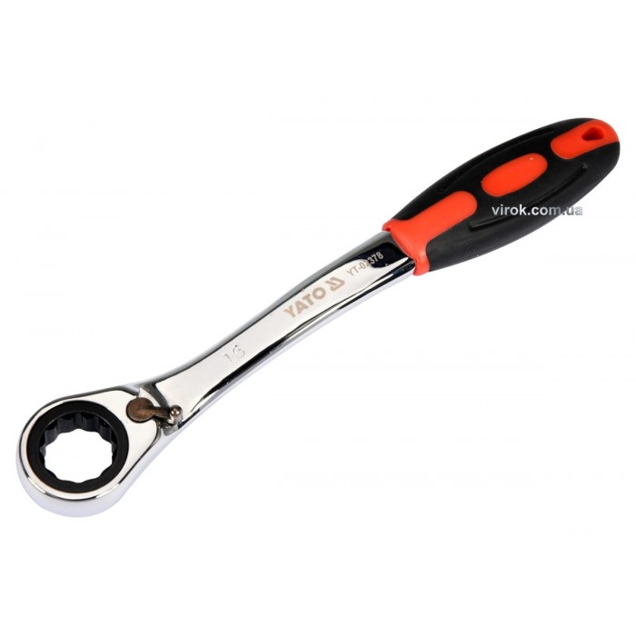 Ключ накидний, вигнутий з тріщаткою YATO: М16, HRC 42-48, Cr-V, з прогумов. ергономічною ручкою(DW)