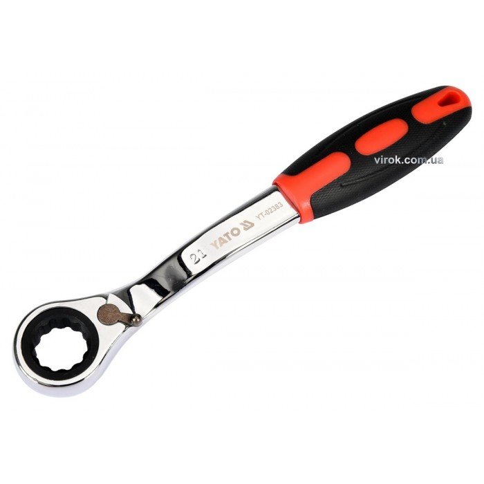 Ключ накидний, вигнутий з тріщаткою YATO: М21,HRC 42-48, Cr-V,з прогумованою ергономічною ручкою(DW)