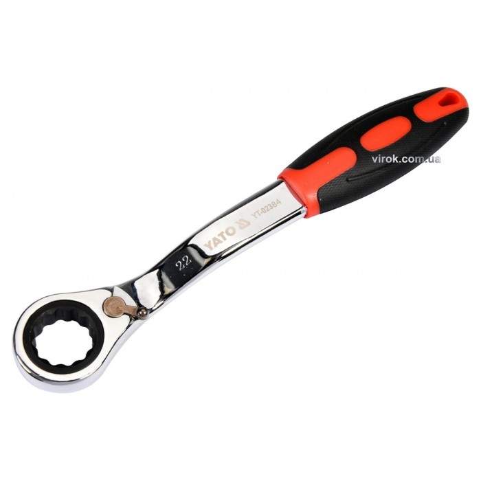 Ключ накидний, вигнутий з тріщаткою YATO: М22, HRC 42-48, Cr-V, з прогумованою ергономічною ручкою