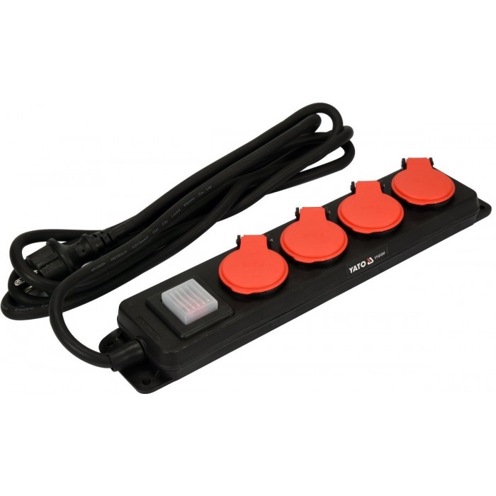 Подовжувач ел.-мережевий YATO: l=3м, колодка з 4 гніздами і вмик, 3-жильний S=1,5 мм², з заземл [10]