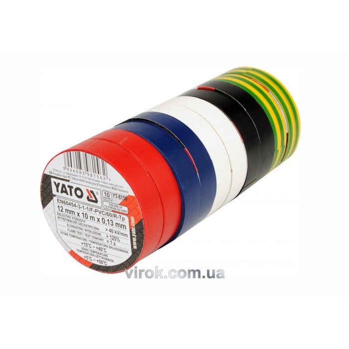 Стрічка ізоляційна різнокольрова YATO : 12 мм х 10 м, 5 кольорів, Уп. 10 Рул. [10/40]