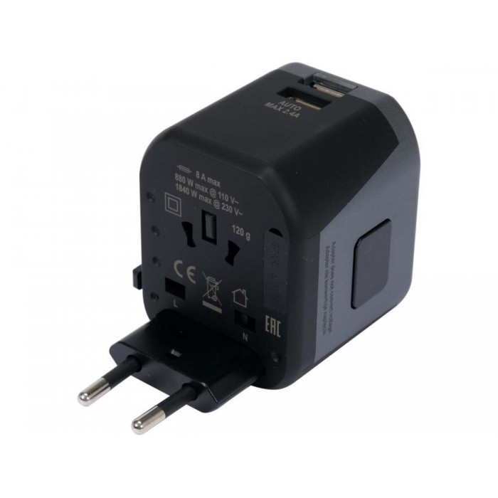 Розетка-адаптер електромережевий 110-240 В, до 8 А YATO з універсальним гніздом з USB і вилками